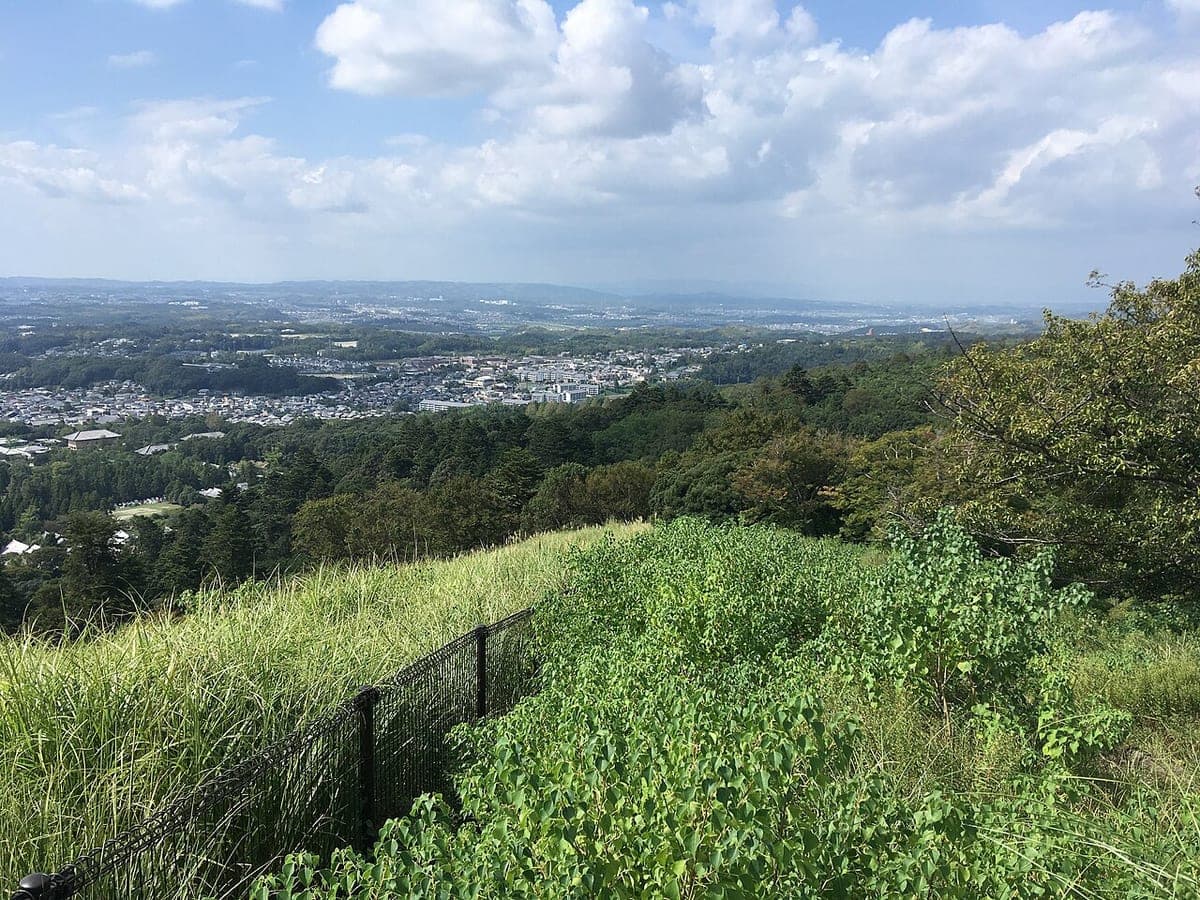 La ladera cubierta de hierba del Monte Wakakusa con vistas a la cuenca de Nara